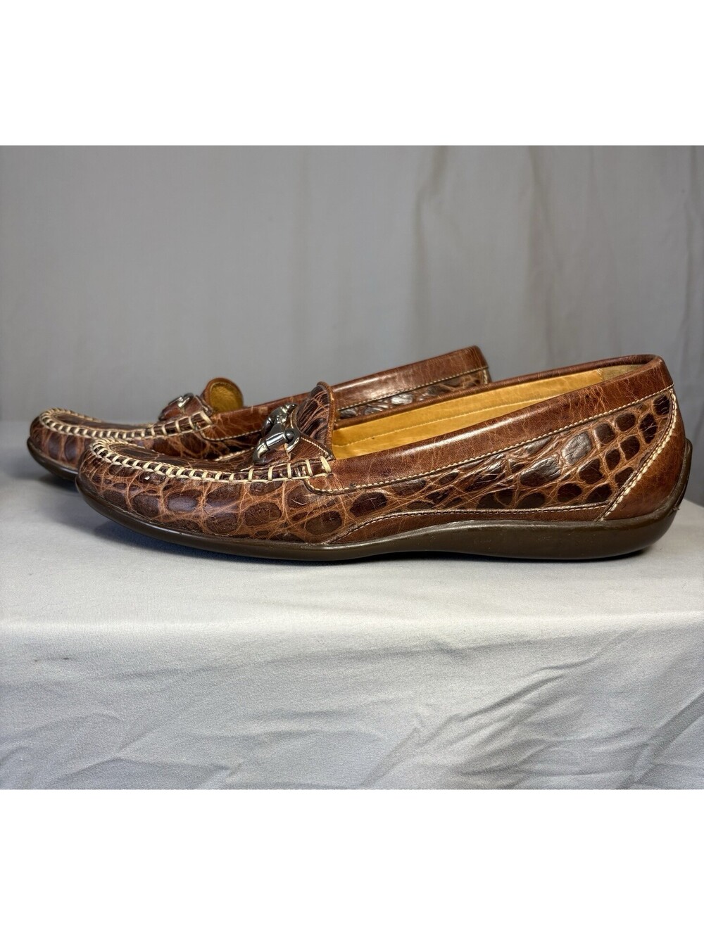Martin Dingman Brown Croc Embossed Leather Horse Bit Loafer 10 W Moccasin Shoes
